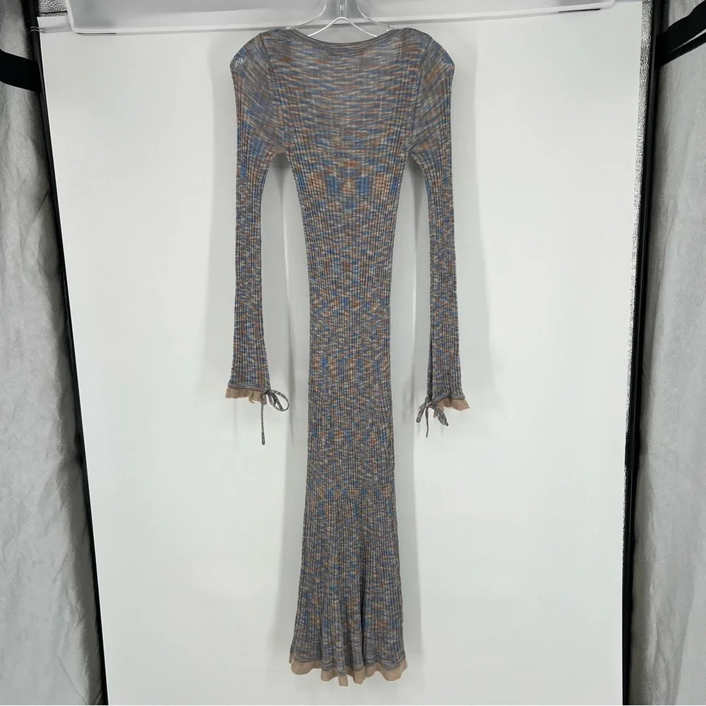 Acne Studios Kadley Grey Bow Front Ribbed Striped Sheer Knit Maxi Dress Small - Picture 8 of 10
